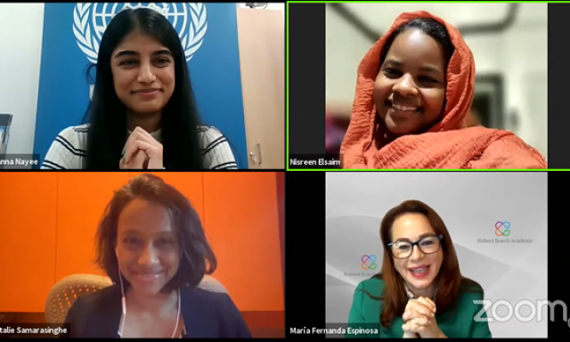 Clockwise from top left: Rianna Nayee, Nisreen Elsaim, HE María Fernanda Espinosa and Natalie Samarasinghe at the UN Event