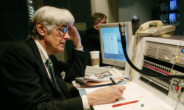 Edward Mortimer in 2004, as Head of Speechwriting Unit of Executive Office of the Secretary-General, monitors the recording.