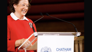 Baroness Joyce Anelay at a joint UNA-UK/Chatham House event with UN Secretary-General Ban Ki-moon in 2016.