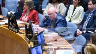Permanent Representative of Russia to the UN, addresses the UNSC meeting on the situation in Ukraine. 