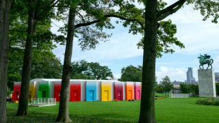 A view of the SDG Pavilion, a convening space and art installation on the United Nations North Lawn supported by Project Everyone.