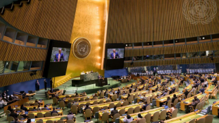 A wide view of the General Assembly Hall as Dennis Francis, President of the seventy-eighth session of the United Nations General Assembly