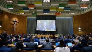 A wide view of the second meeting of States Parties to the Treaty on the Prohibition of Nuclear Weapons. On the screen is Juan Ramón de la Fuente, Permanent Representative of Mexico.