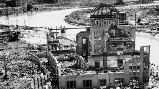 black and white photo of the ruins of Nagasaki