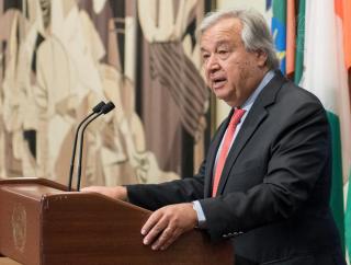 Secretary-General António Guterres briefs correspondents on the appointment of Michelle Bachelet as United Nations High Commissioner for Human Rights in 2018.