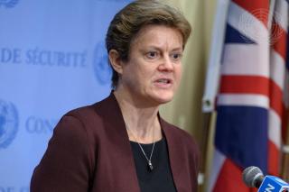 Barbara Woodward, Permanent Representative of the United Kingdom to the United Nations and President of the Security Council for the month of April, briefs reporters after the Security Council meeting on the situation in Ukraine.