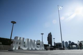 #UNGA sign on visitors plaza at the United Nations in New York in 2019.