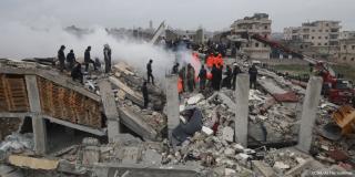 A collapsed building in Sarmada, north-west Syria on 6 February 2023. 