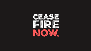 CEASEFIRE NOW in white and red text on a black background