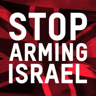 Stop arming Israel in white text on a red background