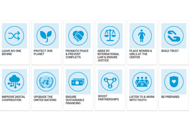 12 Areas of action: Leave No One Behind, Protect our planet, promote peace, abide by international law and ensure justice, place women and girls at the center, build trust, digital cooperation, upgrade the UN, sustainable financing, youth, be prepared.