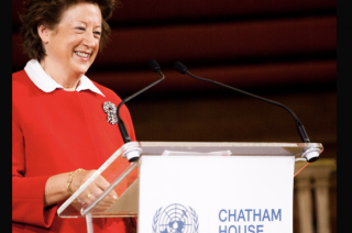 Baroness Anelay speaks at a joint UNA-UK/Chatham House event with UN Secretary-General Ban Ki-moon in 2016.